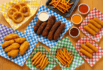 Custom checkered food basket liners in multiple colors, showcasing fried chicken, mozzarella sticks, fries, onion rings, and dipping sauces.