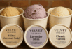 Three Velvet Creamery ice cream pints showcasing Salted Caramel Swirl, Lavender Bliss, and Classic Vanilla flavors.