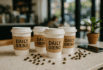 Four Daily Grind branded coffee cups grouped on a marble countertop with coffee beans and a potted plant.