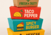 Stack of colorful custom takeout boxes labeled Fresh & Tasty, Taco Pepper, Spicy Burger, and Mexican Food.