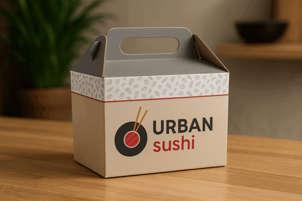 Urban Sushi kraft gable box with modern sushi-themed design on a wooden table.