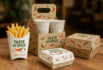 Full set of Taste of Spice branded takeout packaging including fry container, drink carrier, and clamshell boxes.